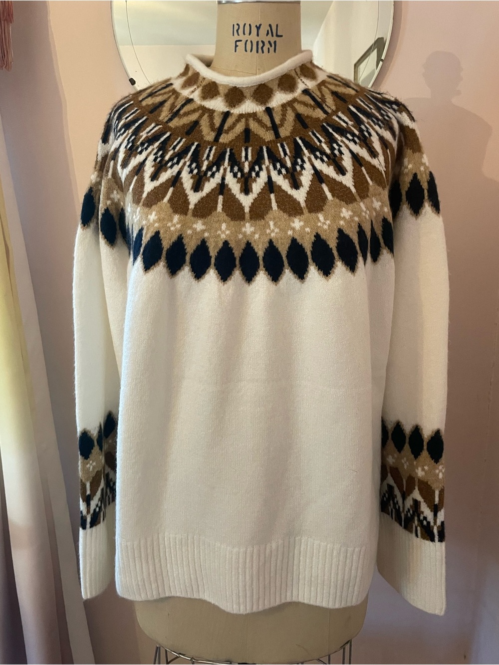 CeCe White Rollneck Sweater with Brown and Black Fair Isle Yoke